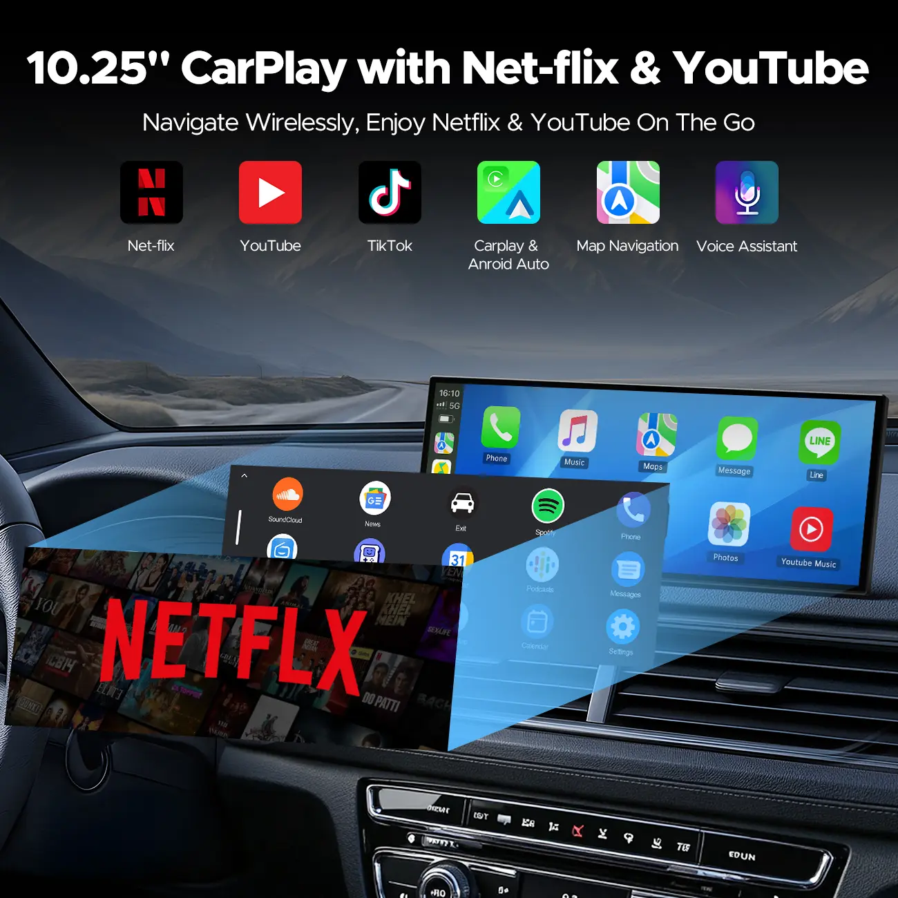 10.25" Wireless CarPlay Screen! Watch YouTube/Netflix/TikTok in Your Car + 720P Backup Camera