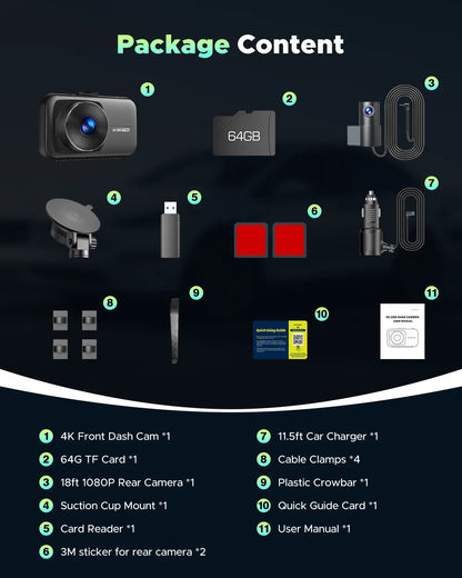 4K Dual Dash Cam! Night Vision • 5G WiFi • G-Sensor • Free 64GB Card • Car Safety Recorder